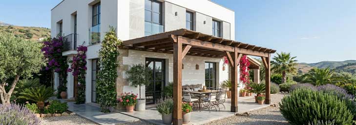 Pérgola de madera adosada a la vivienda