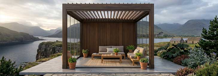 Pérgola de madera con cerramientos laterales