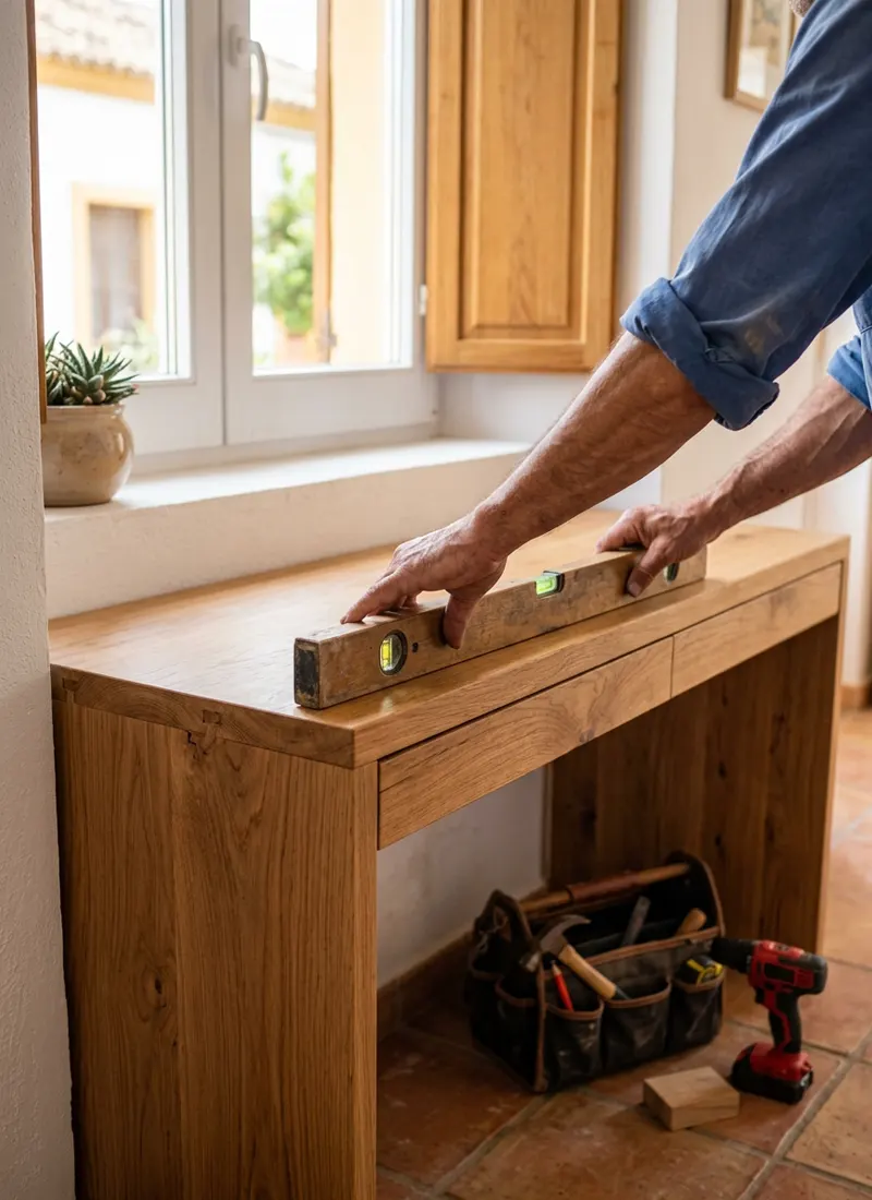 Carpintero nivelando un escritorio a medida Carpintero comprobando con un nivel el tablero de un escritorio de madera recién montado bajo una ventana