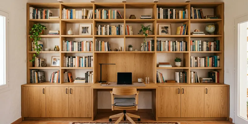 Escritorio integrado en una librería a medida Escritorio a medida integrado en una librería de pared con estantes abiertos y armarios bajos
