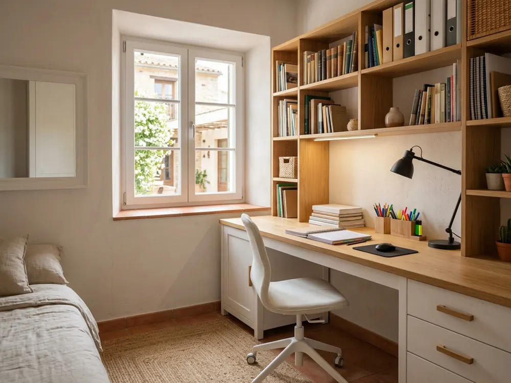 Escritorio de estudio juvenil con estantería encima Escritorio blanco a medida bajo la ventana de un dormitorio juvenil, con estantería alta y cajonera