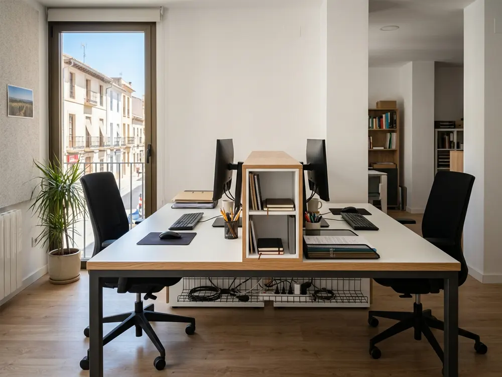 Escritorio de oficina con dos puestos enfrentados Mesa de oficina a medida con dos puestos de trabajo, tablero laminado blanco y canto de madera en un despacho profesional