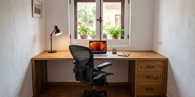 Escritorio recto encajado de pared a pared Escritorio recto de madera encajado entre dos paredes bajo una ventana, con cajonera a un lado