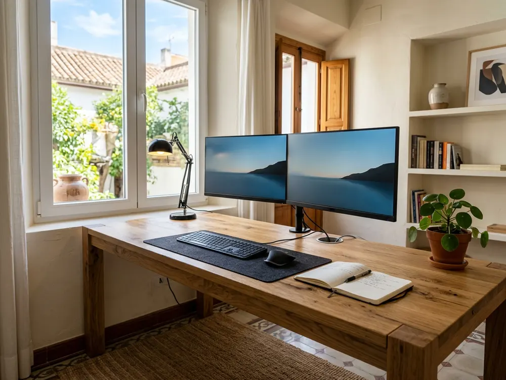 Escritorio de madera para teletrabajar con dos monitores Escritorio de roble a medida con dos monitores, lámpara de brazo y pasacables en un despacho doméstico luminoso